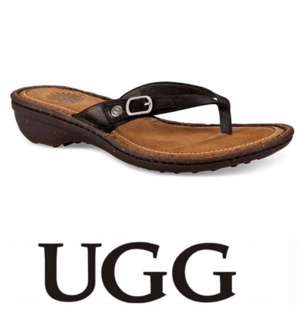 UGG Black Leather Thong Wedge Sandals Buckle Logo Slip On Straps Women's